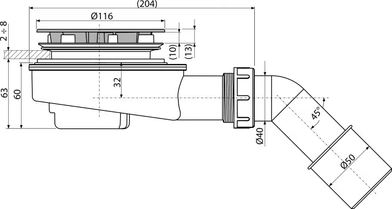 ALCADRAIN SHOWER WASTE SET CHROME 90MM STAINLESS STEEL GRID FLOW RATE 37,2L