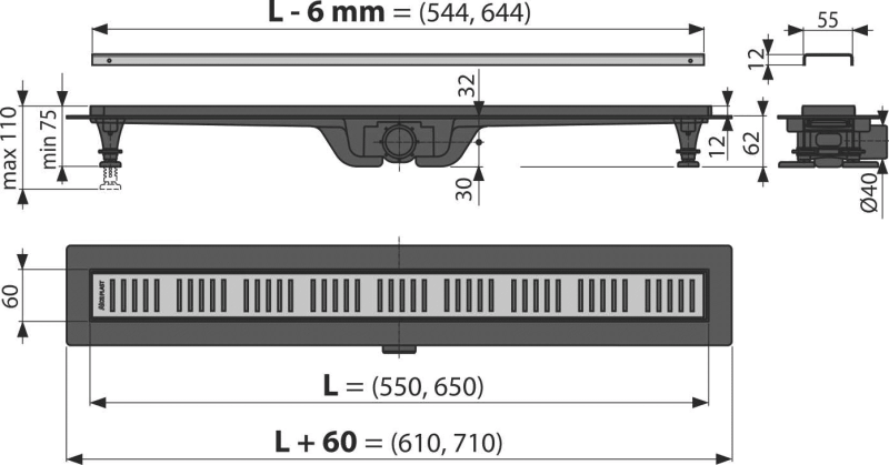 SHOWER DRAIN WITH AN EDGE FOR PERFORATED GRIDS BLACK & BRASS