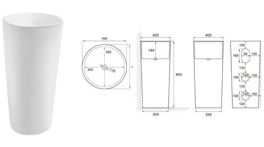 RI LONE FREESTANDING WASHBASIN WHITE MATTE 400X400X850