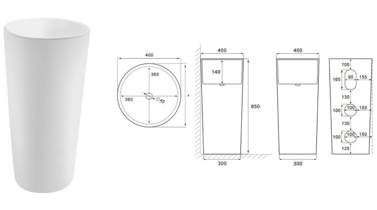 RI LONE FREESTANDING WASHBASIN WHITE MATTE 400X400X850