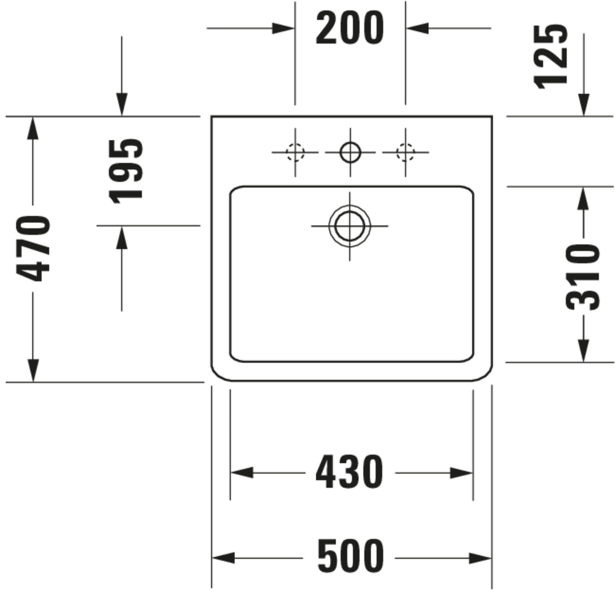 Duravit Vero Washbasin — 1 tap hole / overflow — Technical drawing