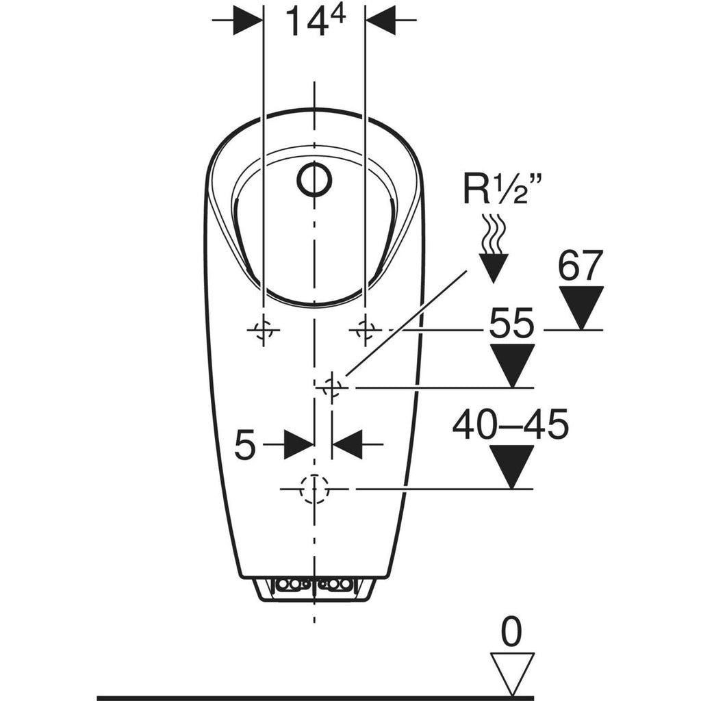 Geberit Preda urinal with integrated control, battery operation — T=37cm, Outlet=to the rear, Inlet=rear, white — Technical drawing