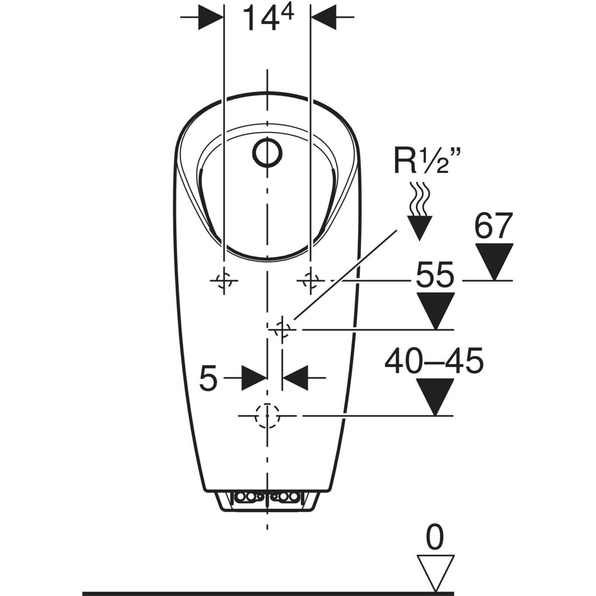 Geberit Preda urinal with integrated control, battery operation — T=37cm, Outlet=to the rear, Inlet=rear, white — Technical drawing