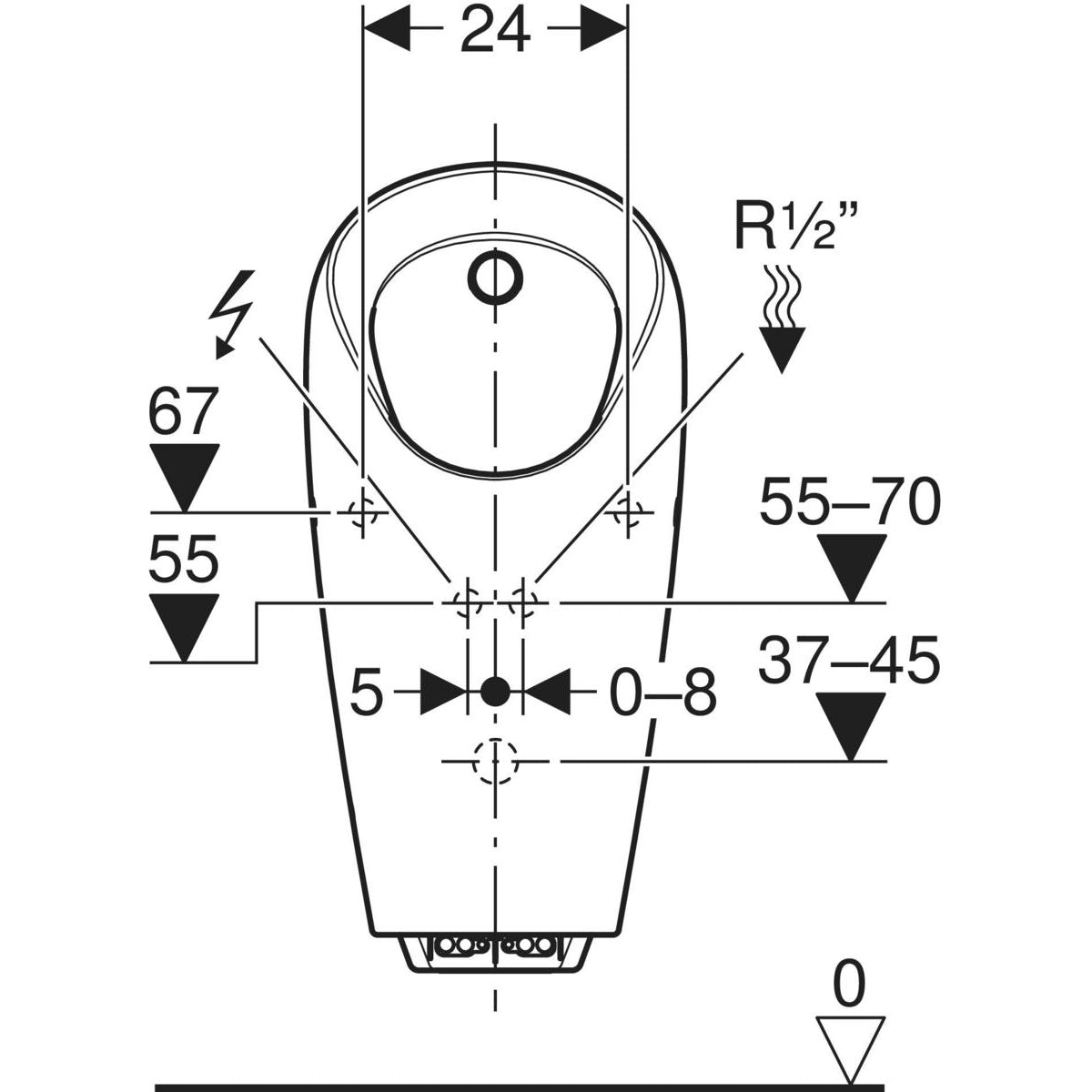 Geberit Selva urinal with integrated control, mains operation — T=37cm, Outlet=to the rear, Inlet=rear, white — Technical drawing