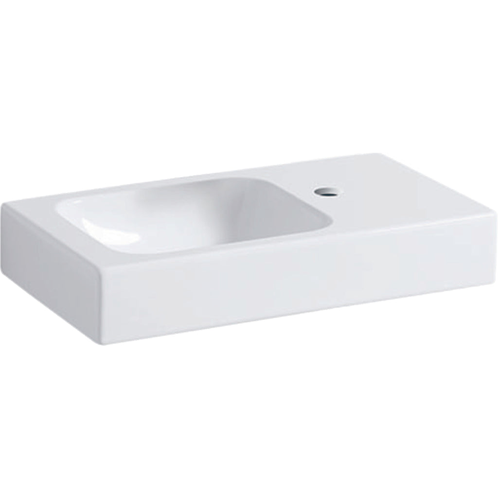 Geberit iCon handrinse basin right shelf surface — 53x13x31cm, white, Tap hole=right, Overflow=without, Shelf space=right — Product photo