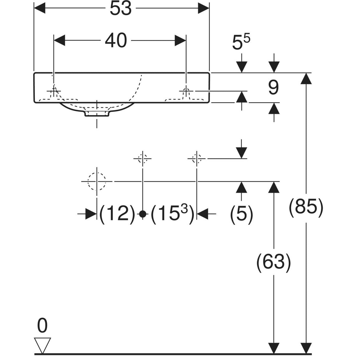 Geberit iCon handrinse basin right shelf surface — 53x13x31cm, white, Tap hole=right, Overflow=without, Shelf space=right — Technical drawing