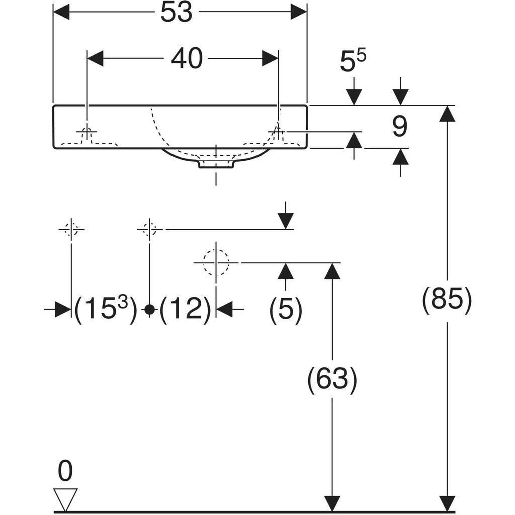 Geberit iCon handrinse basin, left shelf surface — iCon handrinse basin, left shelf surface — Technical drawing