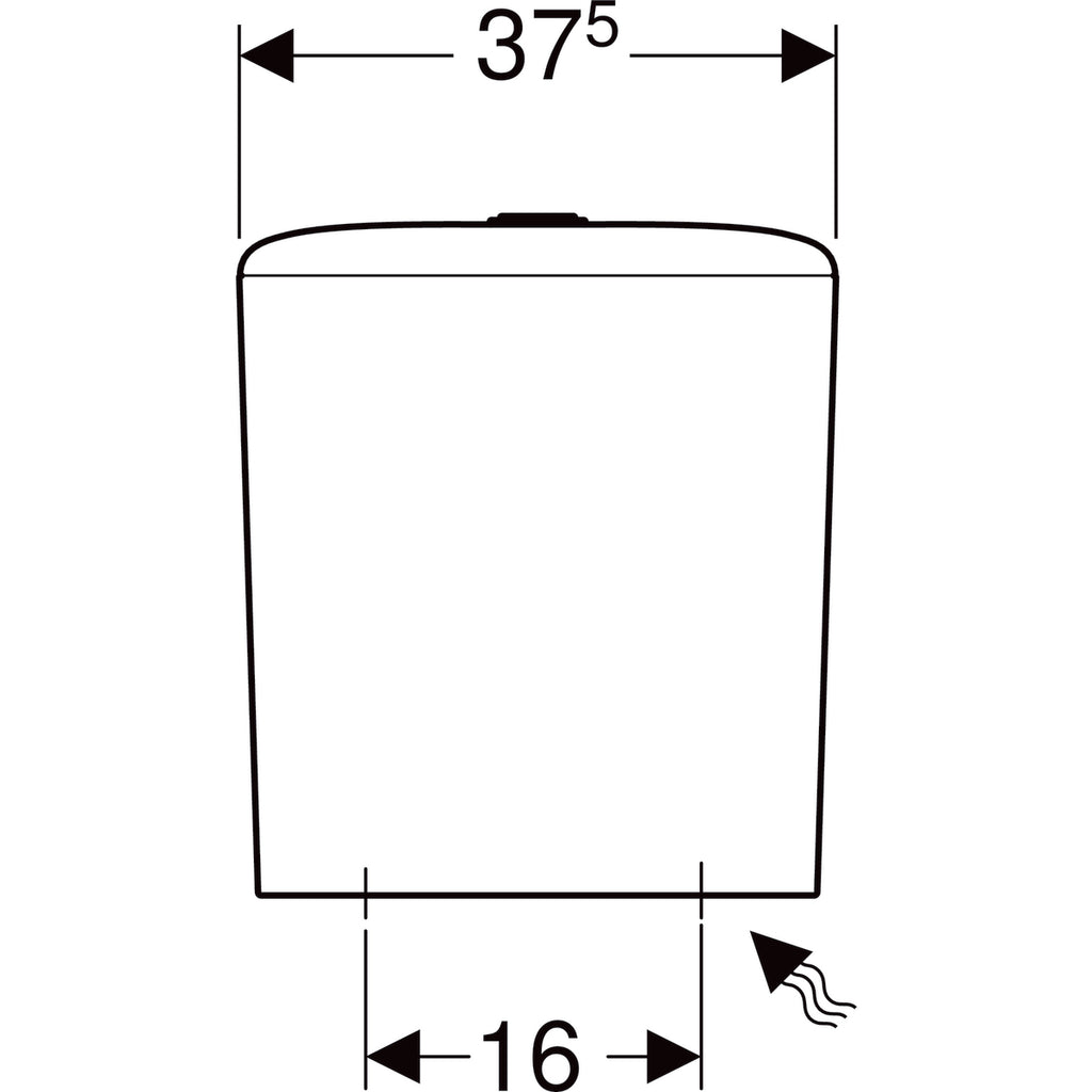 Geberit iCon exposed cistern, close-coupled, dual flush, bottom water supply connection — white — Technical drawing