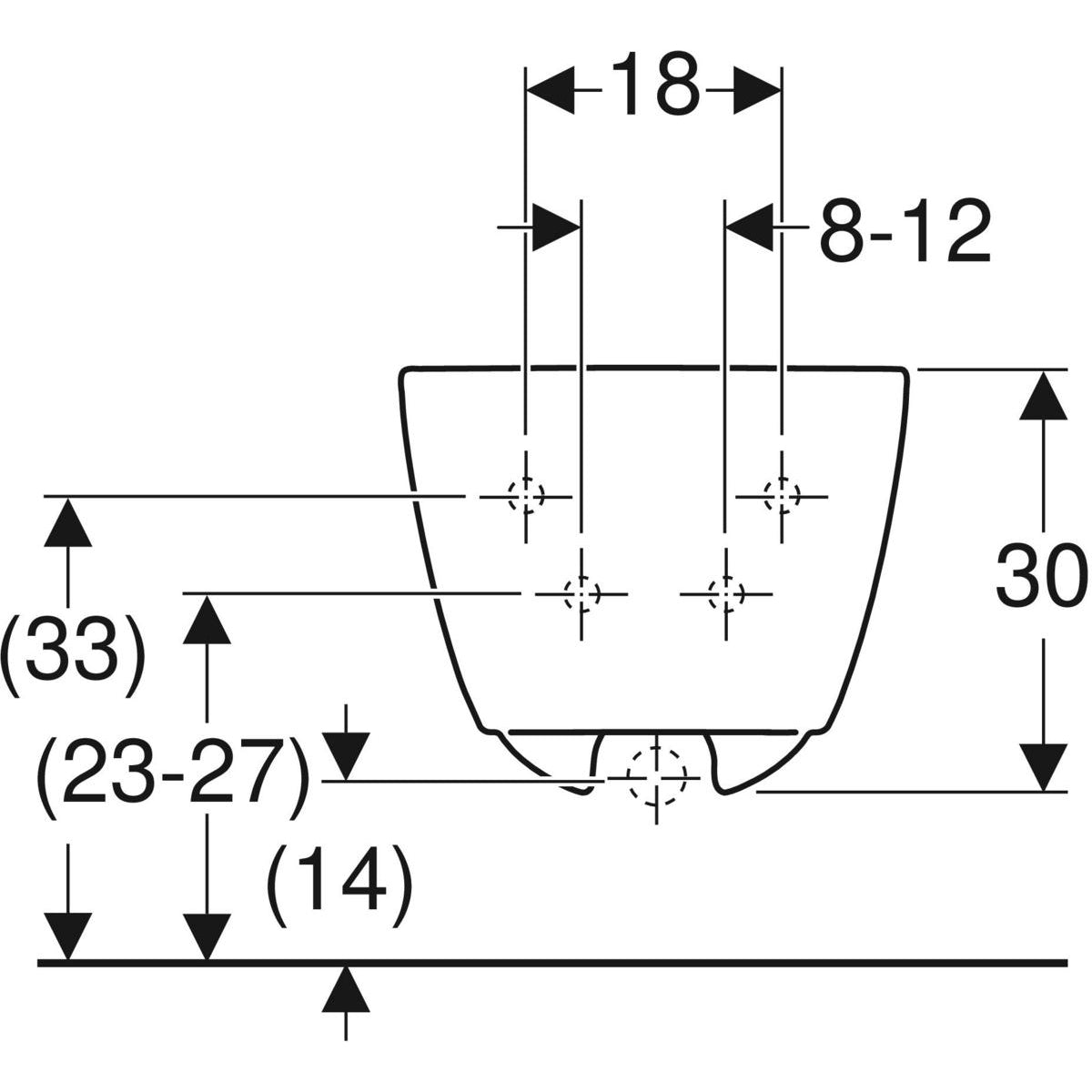 Geberit iCon wall-hung bidet, shrouded — T=53cm, Overflow=visible, symmetrical, white — Technical drawing
