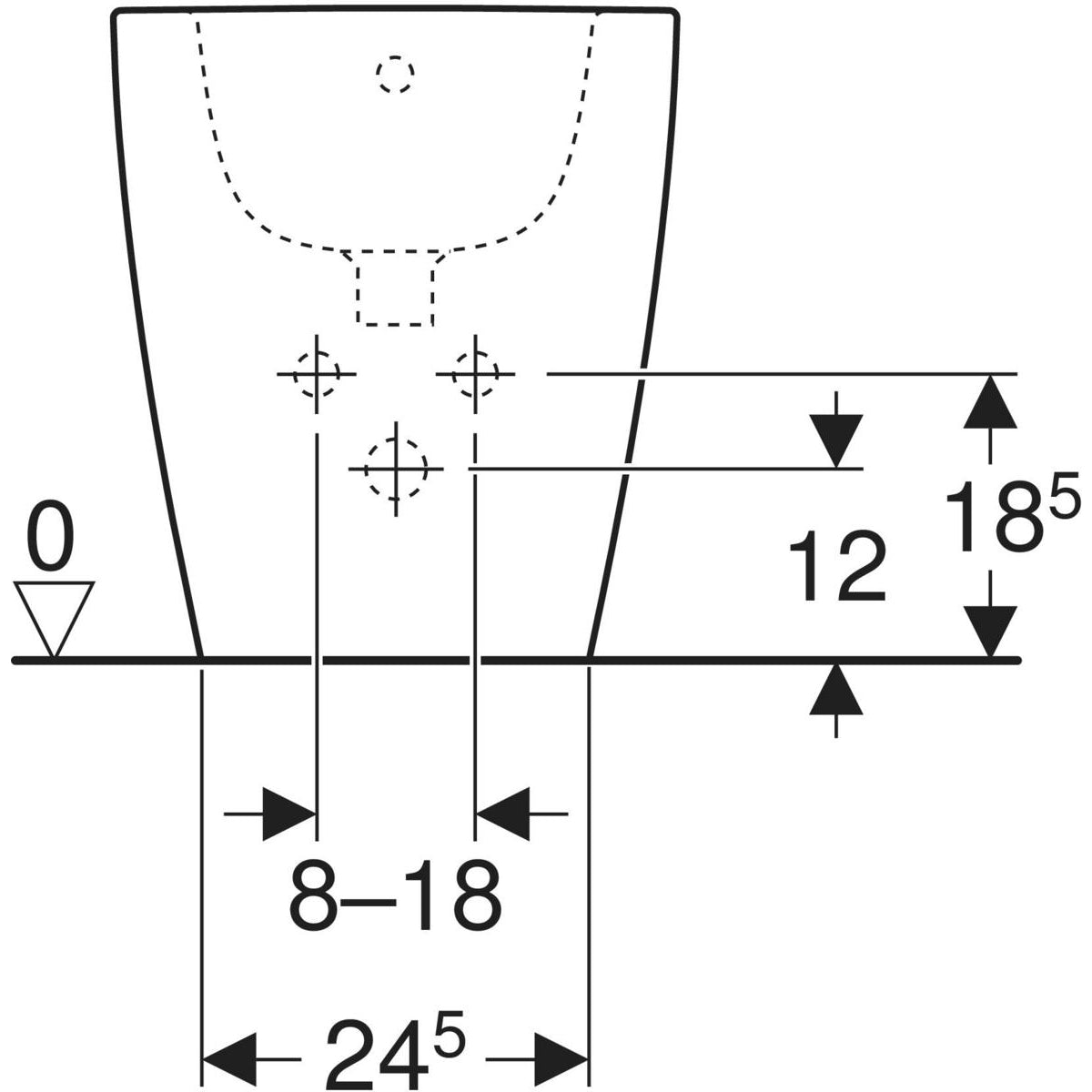 Geberit iCon floor-standing bidet, back-to-wall, shrouded — T=56cm, Overflow=visible, symmetrical, white — Technical drawing