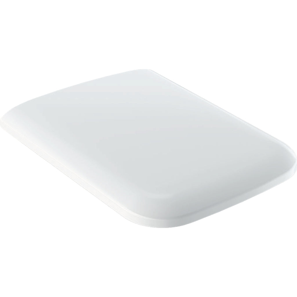 Geberit iCon WC seat, square design — Soft-closing mechanism=yes, QuickRelease function=no, Fastening=from above, white / glossy — Product photo