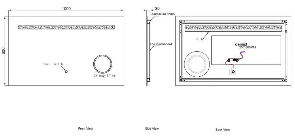 Rectangular LED mirror technical drawing
