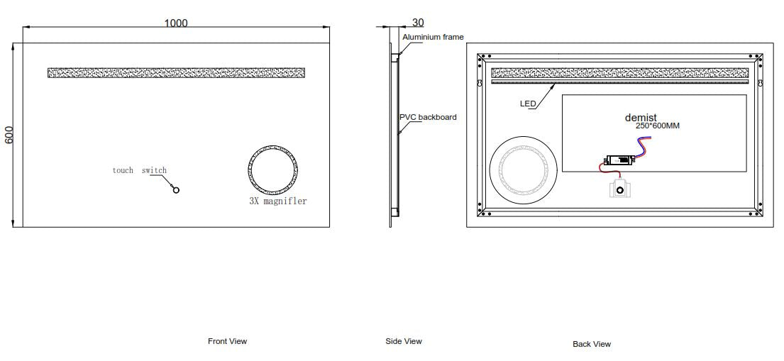 Rectangular LED mirror technical drawing