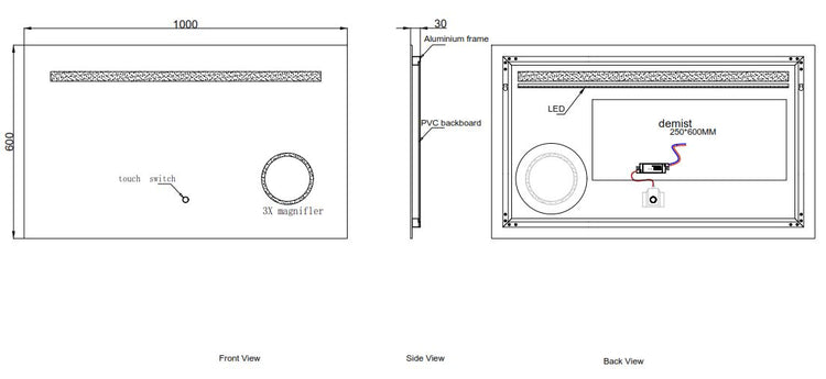 Rectangular LED mirror technical drawing