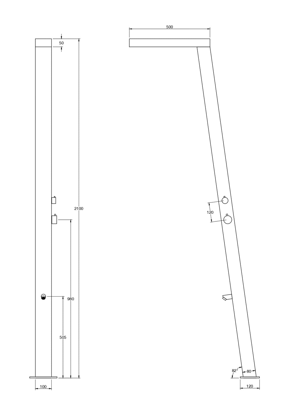 Outdoor shower column technical drawing