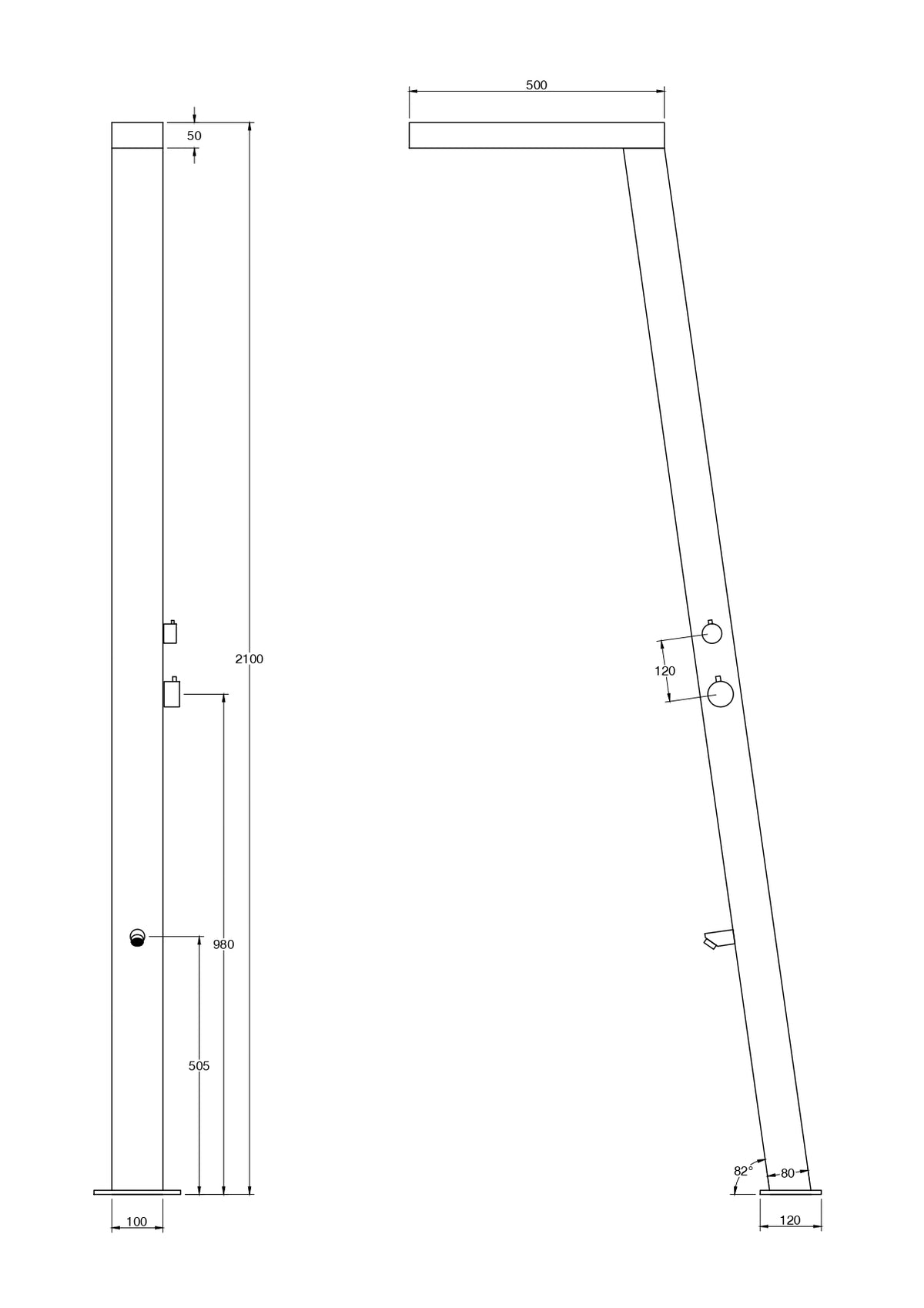 Outdoor shower column technical drawing