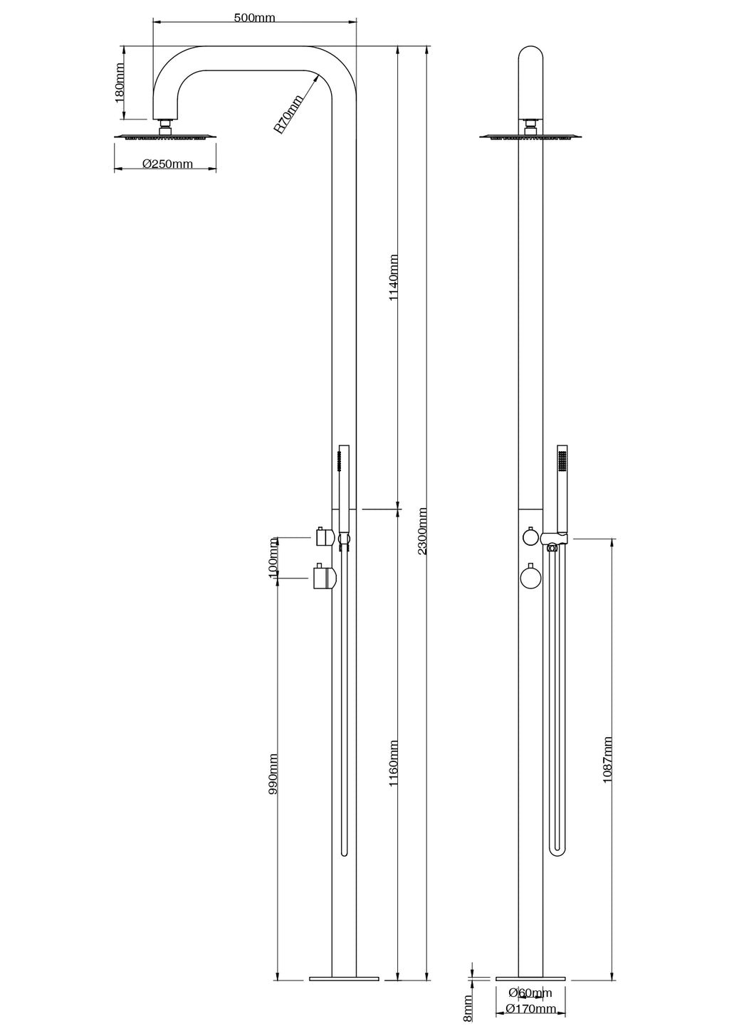 Outdoor shower column technical drawing