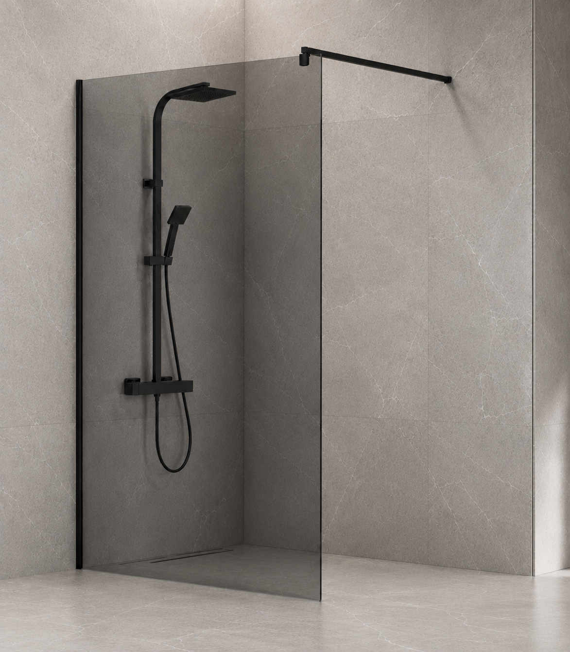 WALK-IN SHOWER DOOR GREY GLASS WITH BLACK FRAME