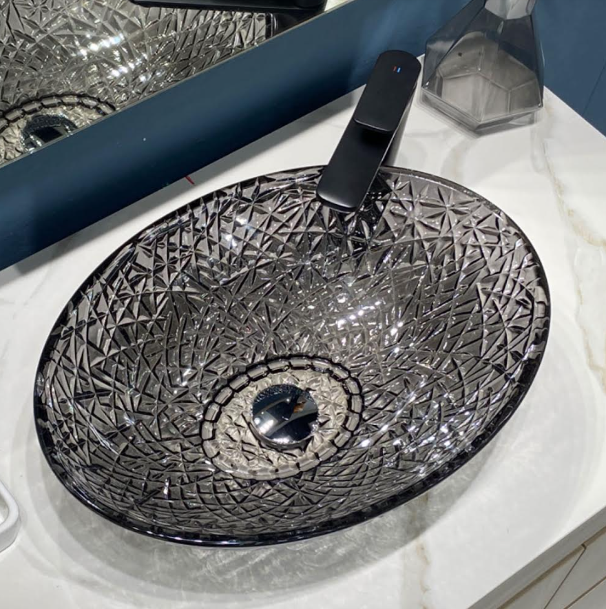 BLACK ELECTROPLATE GLASS ART BASIN 500x355x155MM
