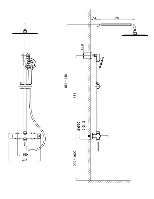 MAREA ROUND SHOWER SYSTEM 250MM GUN METAL LIGHT