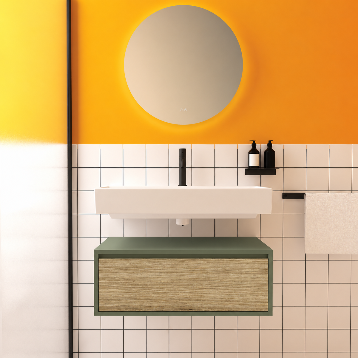 Amabile vanity — olive 162 cabinet, drawer finish 390