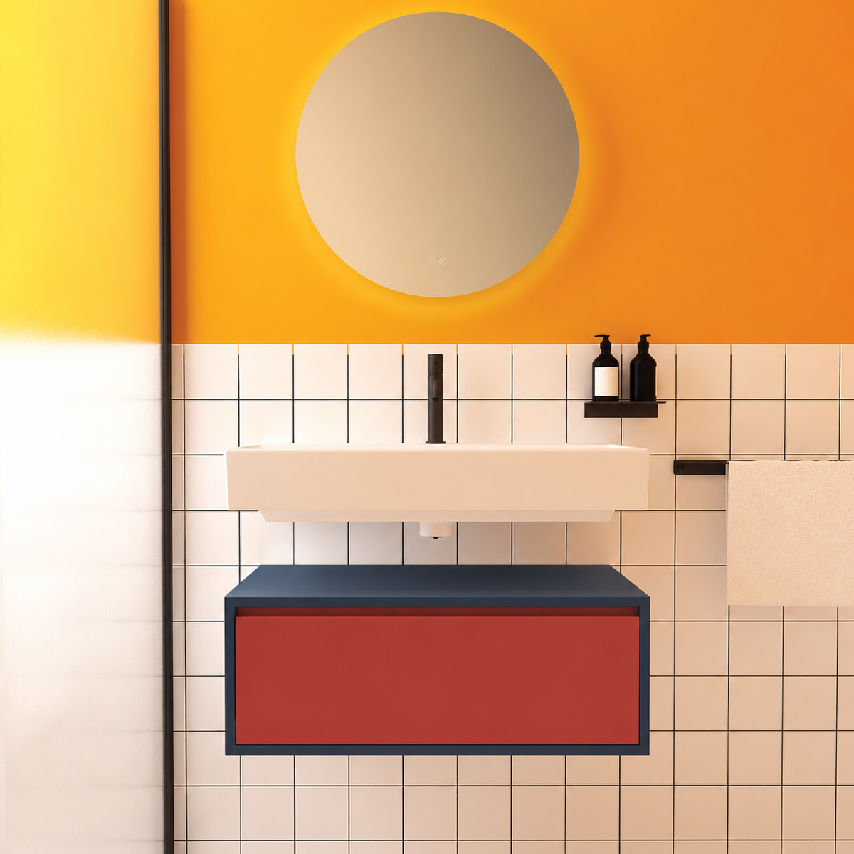 Amabile vanity — navy167 cabinet, red165 drawer
