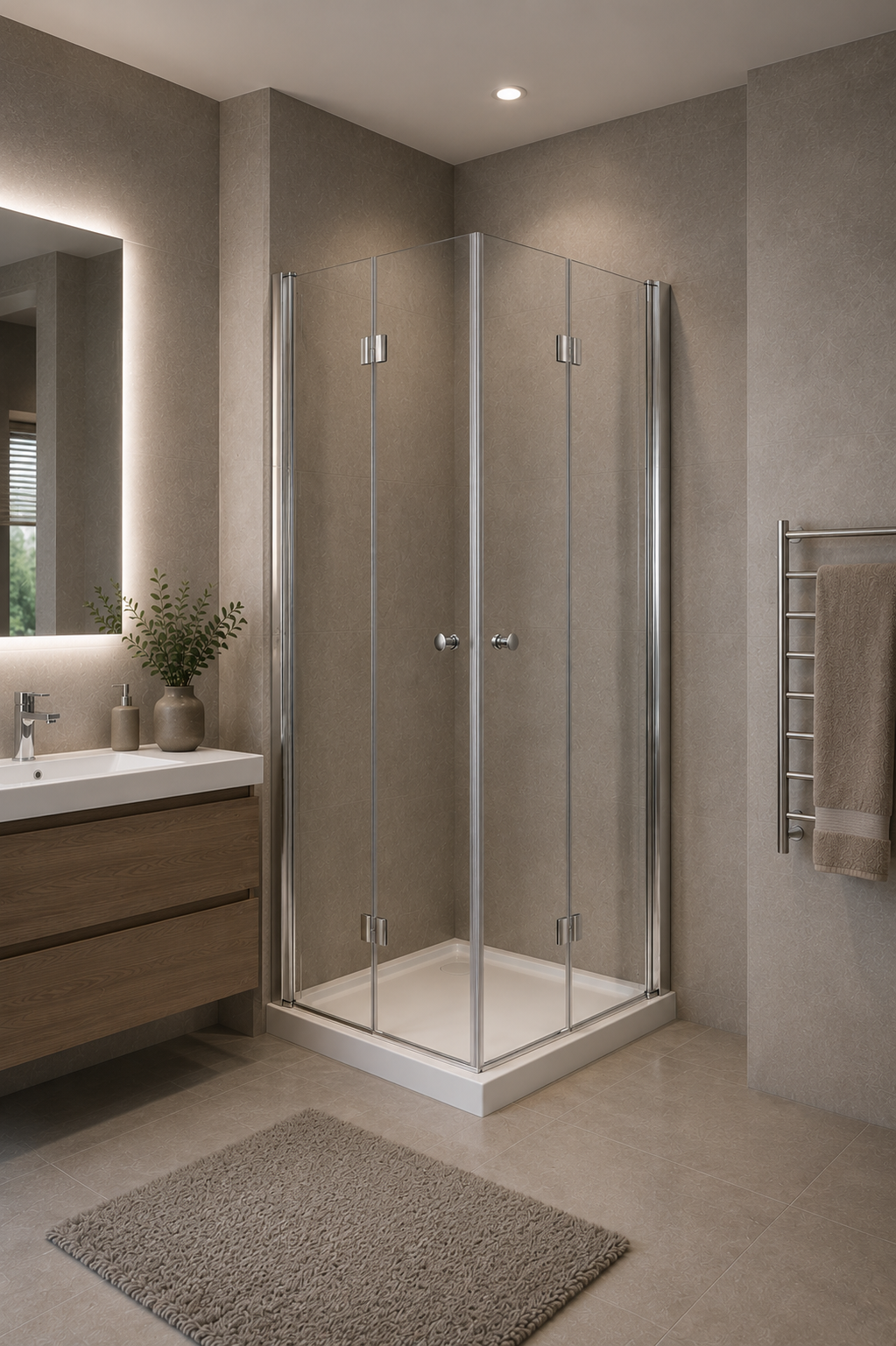 Corner-entry clear-glass folding shower cabin