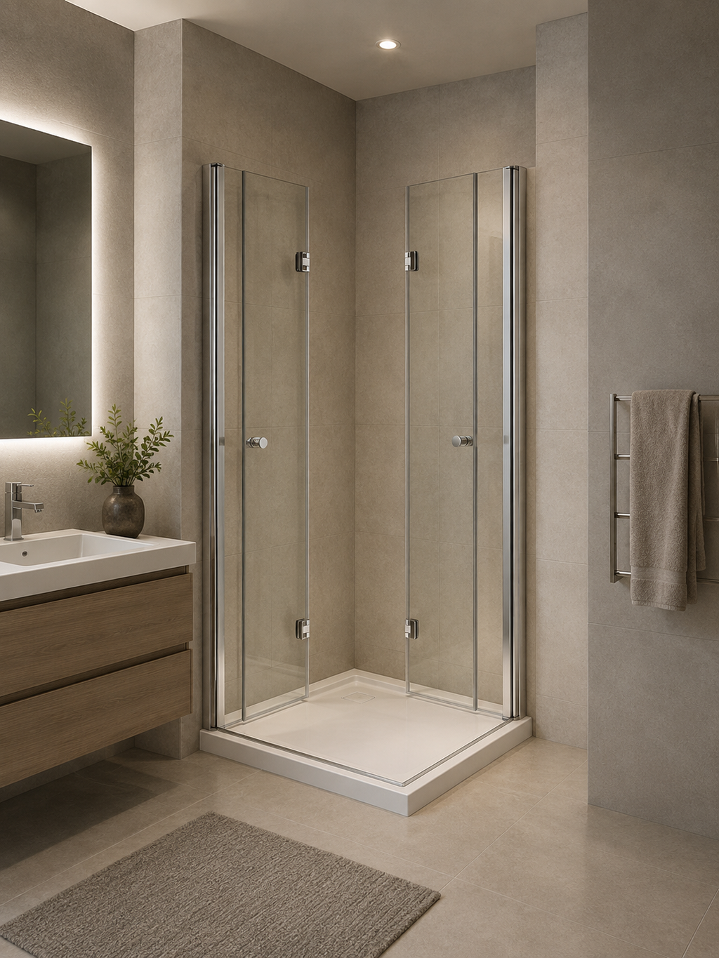 Corner-entry clear-glass folding shower cabin