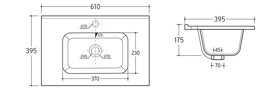 Above counter furniture basin 610x395x175mm technical drawing