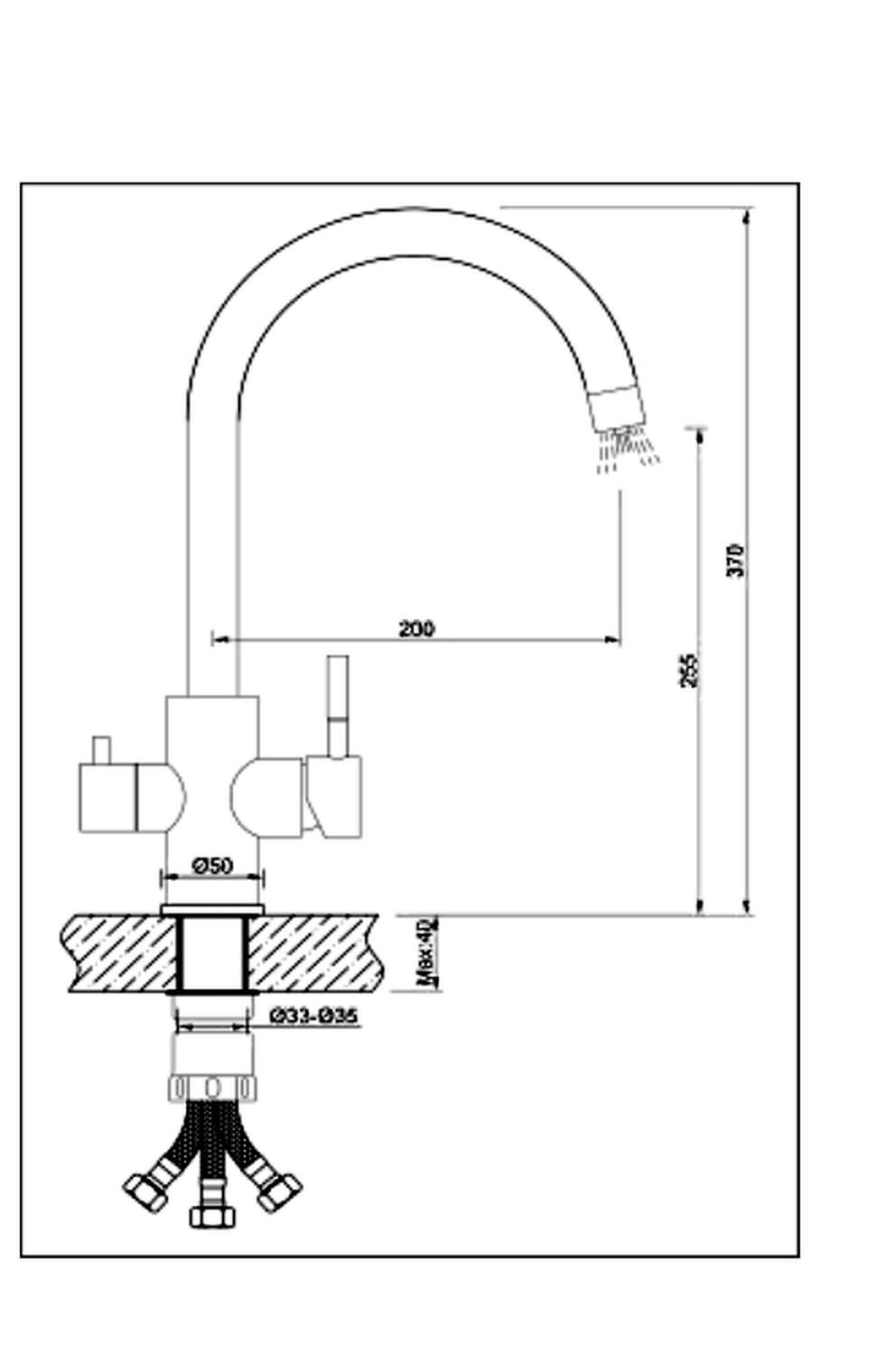 Epos 3-way kitchen mixer in Inox - technical drawing
