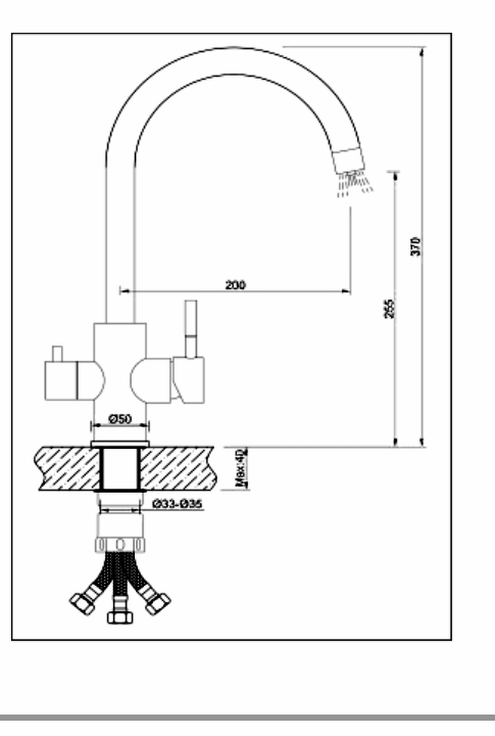 Epos 3-way kitchen mixer in GunMetal - technical drawing