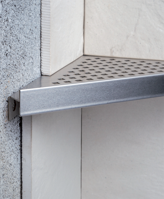 EUROSHELVES BRUSHED STAINLESS STEEL CORNER SHELF FOR CERAMIC FINISH
