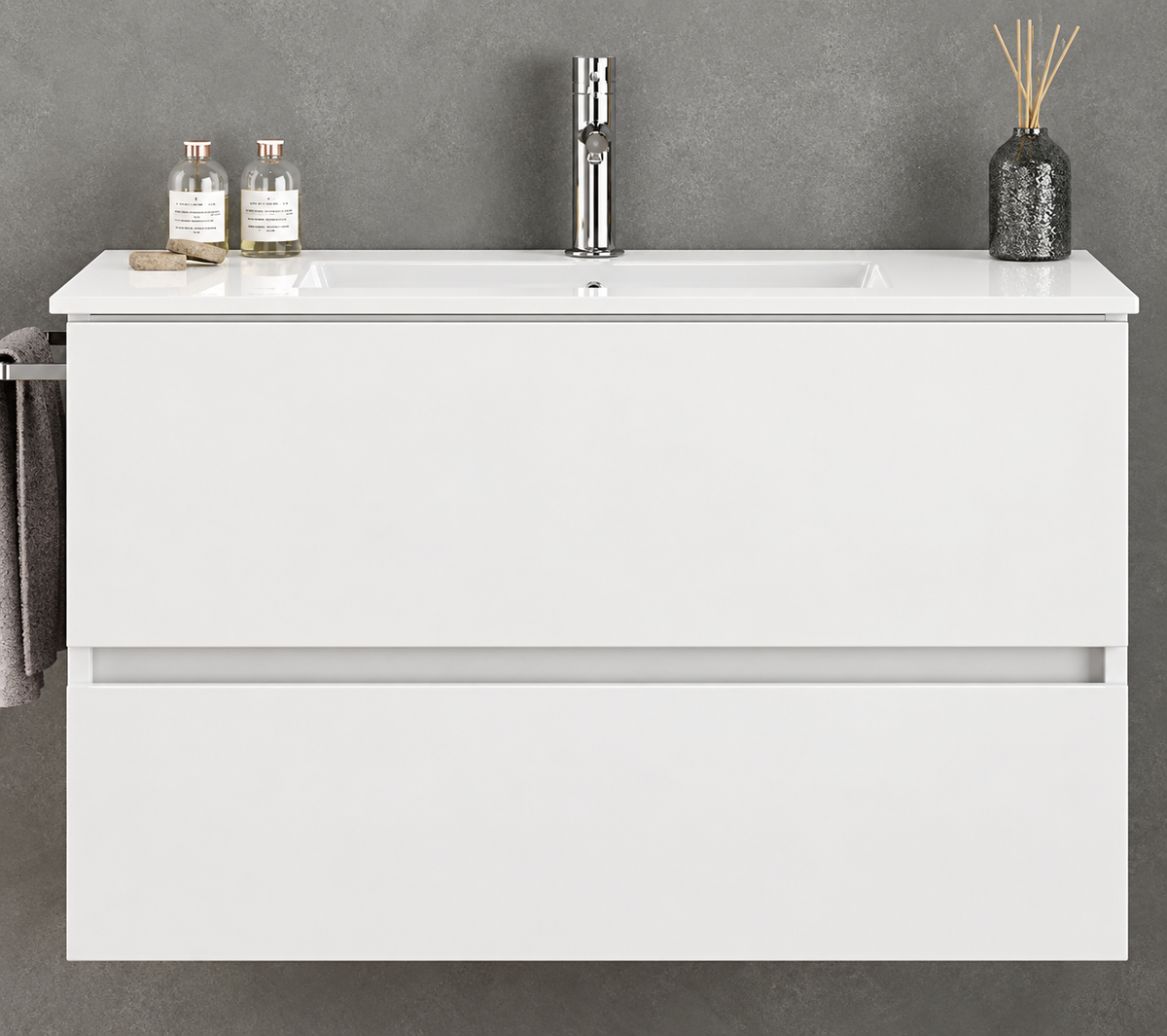 EURO1 white 100 cm wall-hung vanity with two drawers and ceramic basin