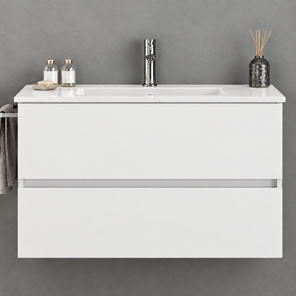 EURO1 white 60 cm wall-hung vanity with two drawers and ceramic basin