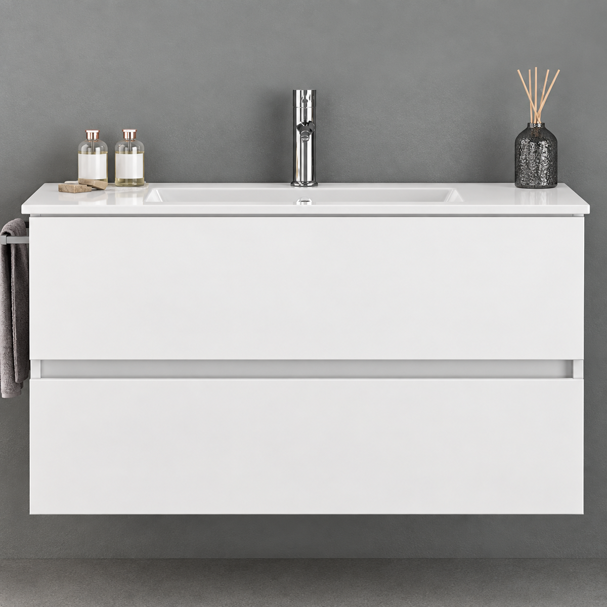 EURO1 white 80 cm wall-hung vanity with two drawers and ceramic basin