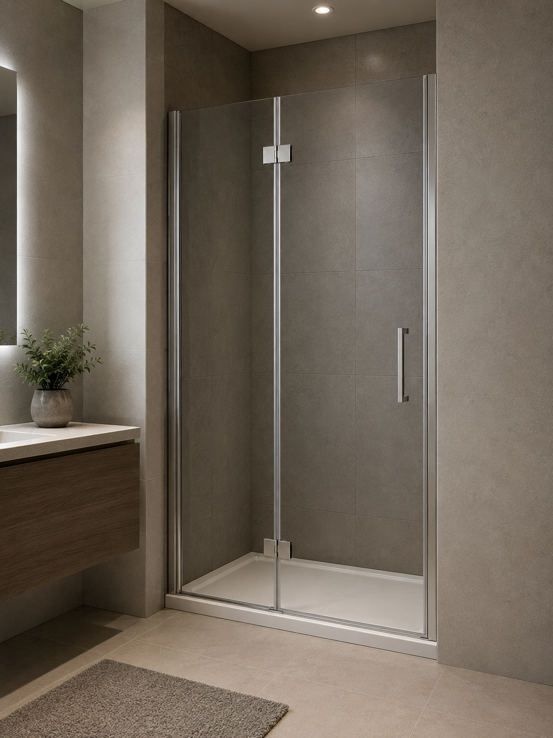Frameless hinged clear-glass shower door, 118–120 × 200 cm