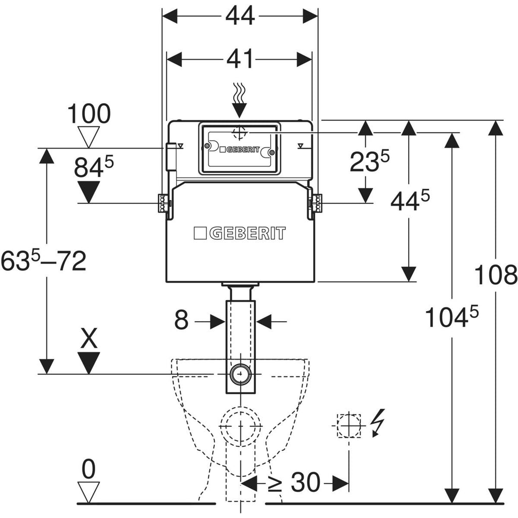 Geberit Delta concealed cistern 12 cm, 6 / 3 litres, with front actuation — Delta concealed cistern 12 cm, 6 / 3 litres, with front actuation — Technical drawing