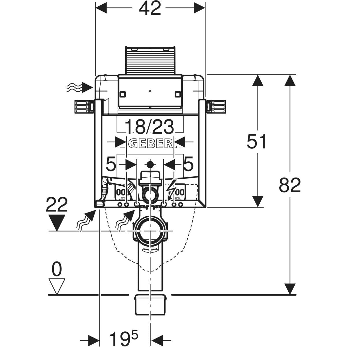 Geberit Kombifix element for wall-hung WC, 82 cm, with Omega concealed cistern 12 cm — Kombifix element for wall-hung WC, 82 cm, with Omega concealed cistern 12 cm — Technical drawing