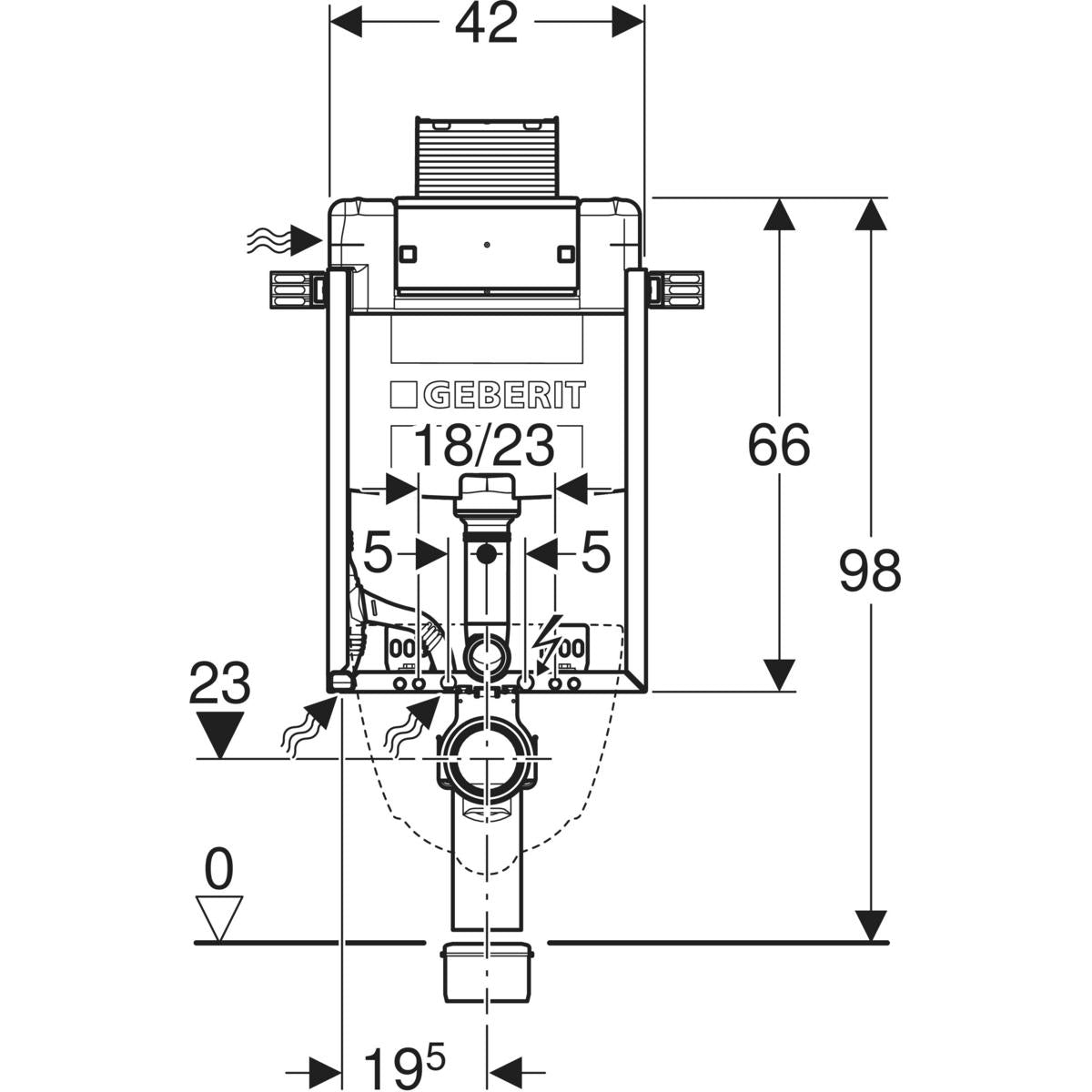 Geberit Kombifix element for wall-hung WC, 98 cm, with Omega concealed cistern 12 cm — Kombifix element for wall-hung WC, 98 cm, with Omega concealed cistern 12 cm — Technical drawing