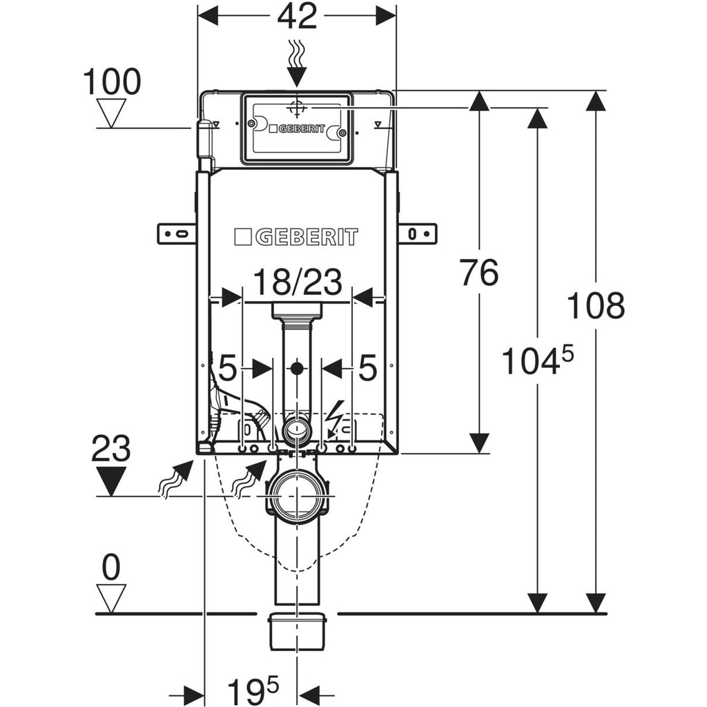 Geberit KombifixBasic element for wall-hung WC, 108 cm, with Delta concealed cistern 12 cm — KombifixBasic element for wall-hung WC, 108 cm, with Delta concealed cistern 12 cm — Technical drawing