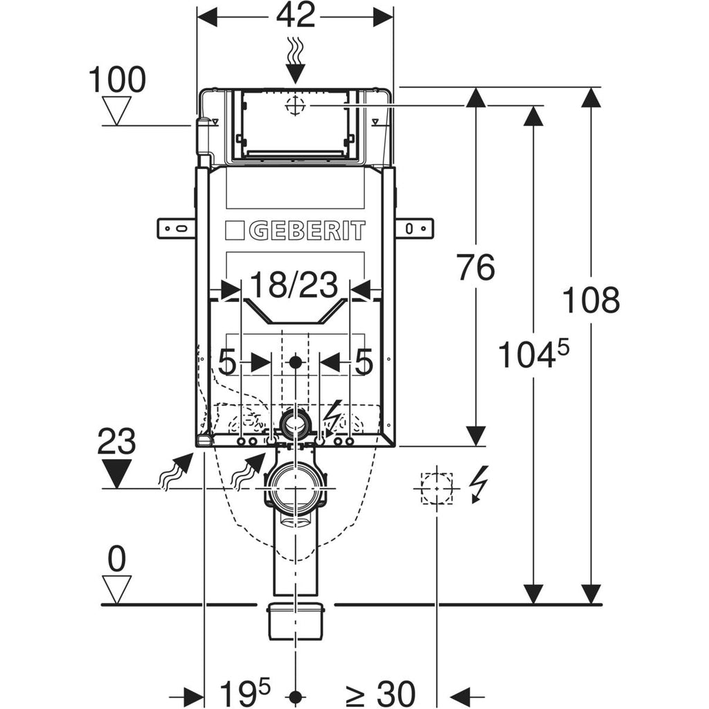 Geberit Kombifix element for wall-hung WC, 108 cm, with Sigma concealed cistern 12 cm, with leg supports — Kombifix element for wall-hung WC, 108 cm, with Sigma concealed cistern 12 cm, with leg supports — Technical drawing