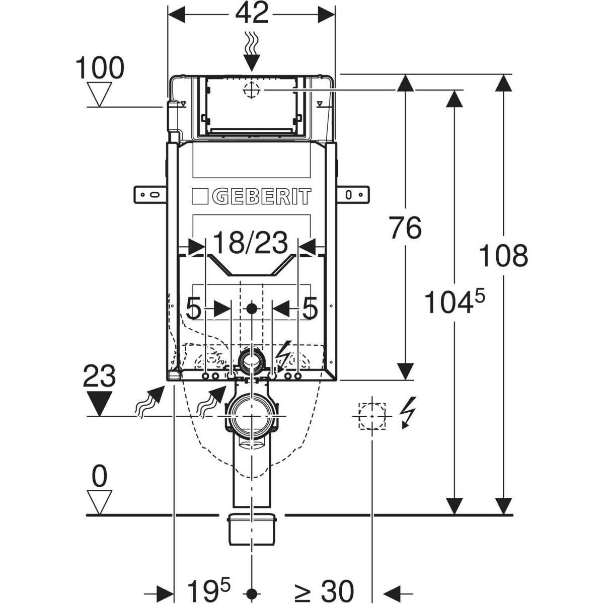 Geberit Kombifix element for wall-hung WC, 108 cm, with Sigma concealed cistern 12 cm, with leg supports — Kombifix element for wall-hung WC, 108 cm, with Sigma concealed cistern 12 cm, with leg supports — Technical drawing