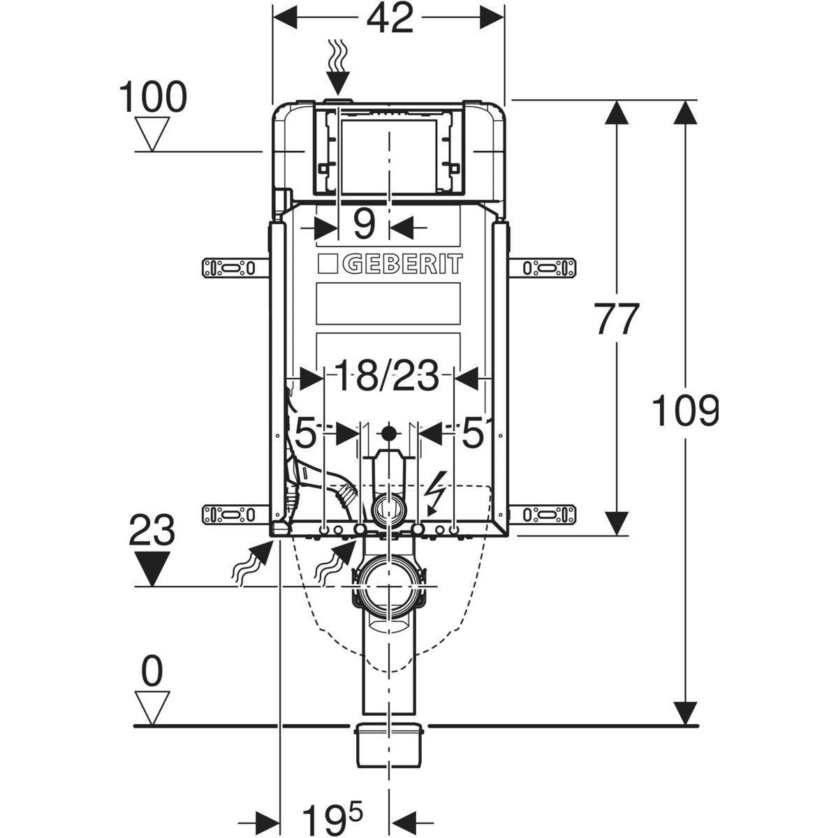 Geberit Kombifix element for wall-hung WC, 109 cm, with Sigma concealed cistern 8 cm — Kombifix element for wall-hung WC, 109 cm, with Sigma concealed cistern 8 cm — Technical drawing