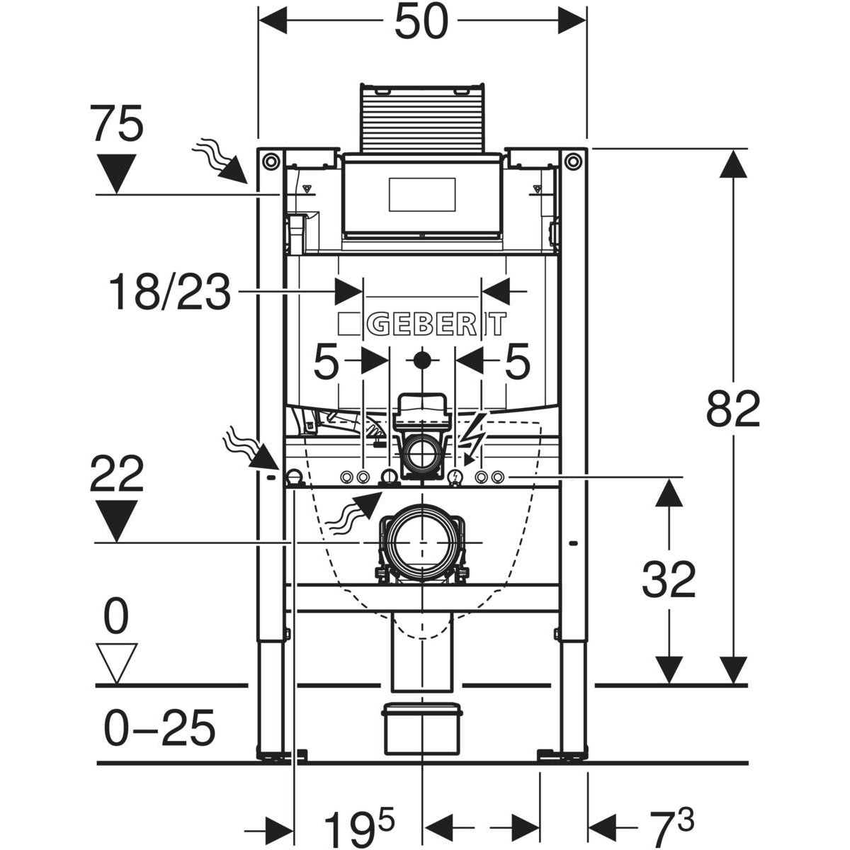 Geberit Duofix element for wall-hung WC, 82 cm, with Omega concealed cistern 12 cm — Duofix element for wall-hung WC, 82 cm, with Omega concealed cistern 12 cm — Technical drawing