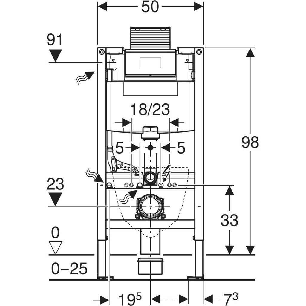 Geberit Duofix element for wall-hung WC, 98 cm, with Omega concealed cistern 12 cm — Duofix element for wall-hung WC, 98 cm, with Omega concealed cistern 12 cm — Technical drawing