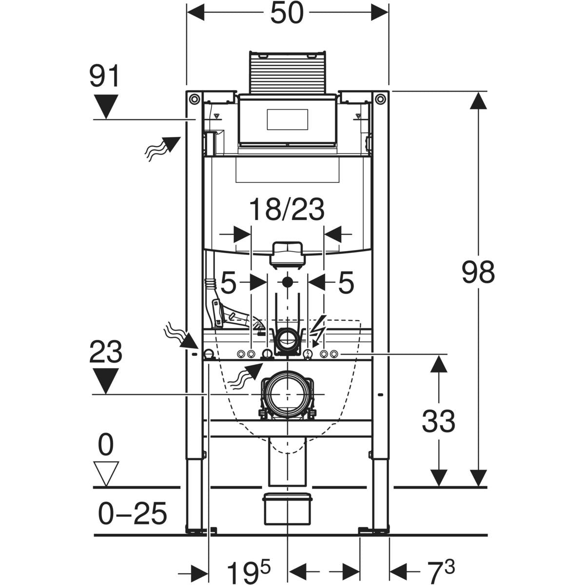 Geberit Duofix element for wall-hung WC, 98 cm, with Omega concealed cistern 12 cm — Duofix element for wall-hung WC, 98 cm, with Omega concealed cistern 12 cm — Technical drawing