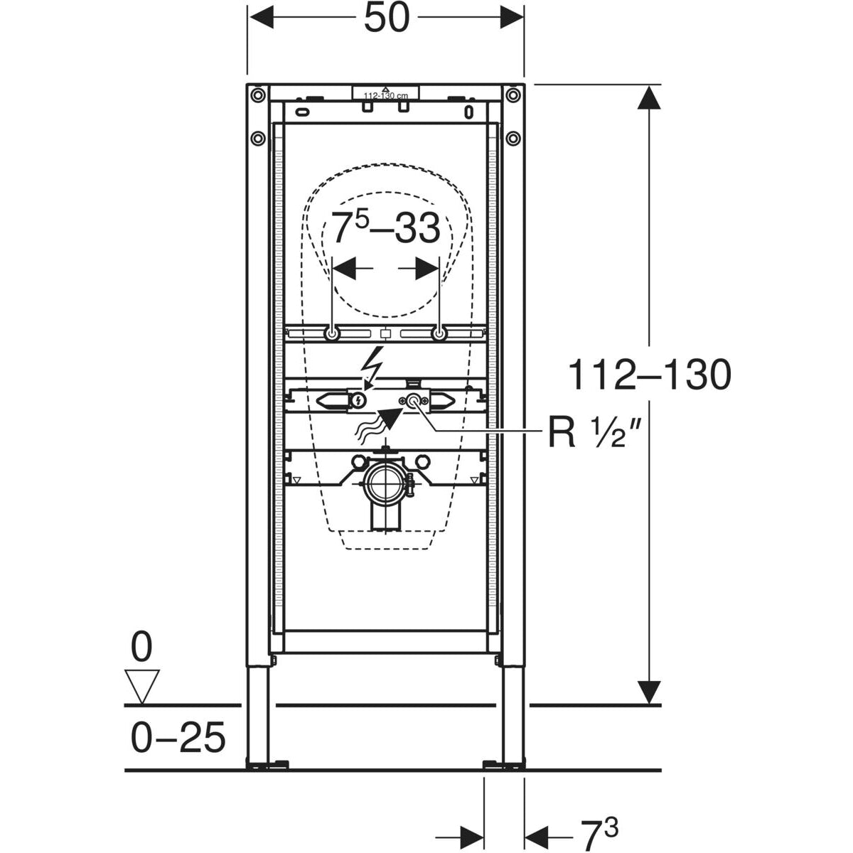 Geberit Duofix element for urinal, 112–130 cm, universal, for exposed pressure flushing valve — Duofix element for urinal, 112–130 cm, universal, for exposed pressure flushing valve — Technical drawing