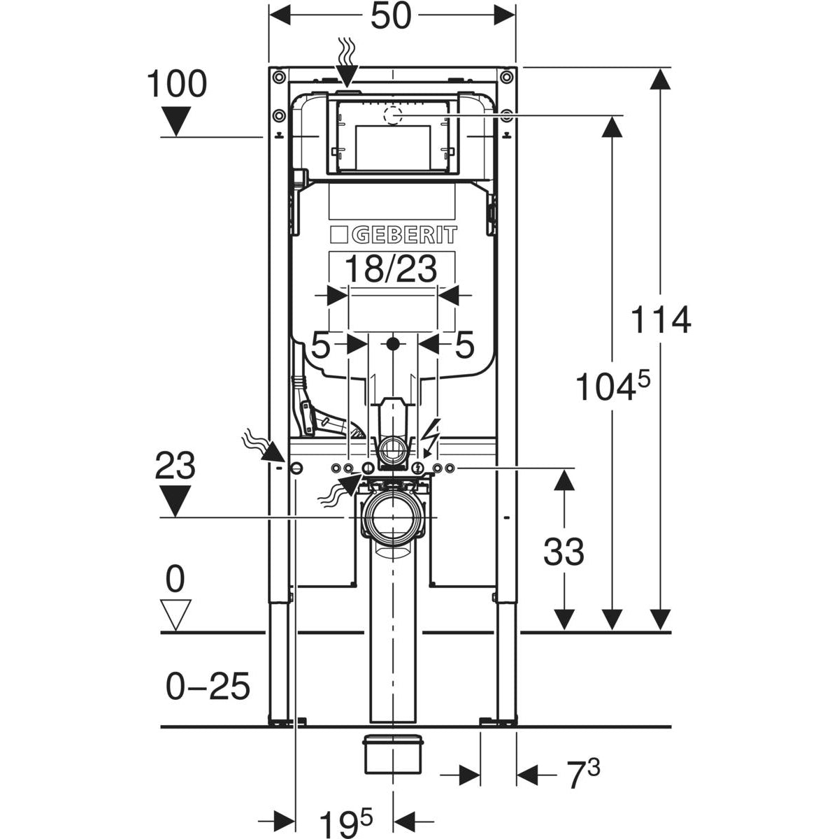 Geberit Duofix element for wall-hung WC, 114 cm, with Sigma concealed cistern 8 cm — Duofix element for wall-hung WC, 114 cm, with Sigma concealed cistern 8 cm — Technical drawing