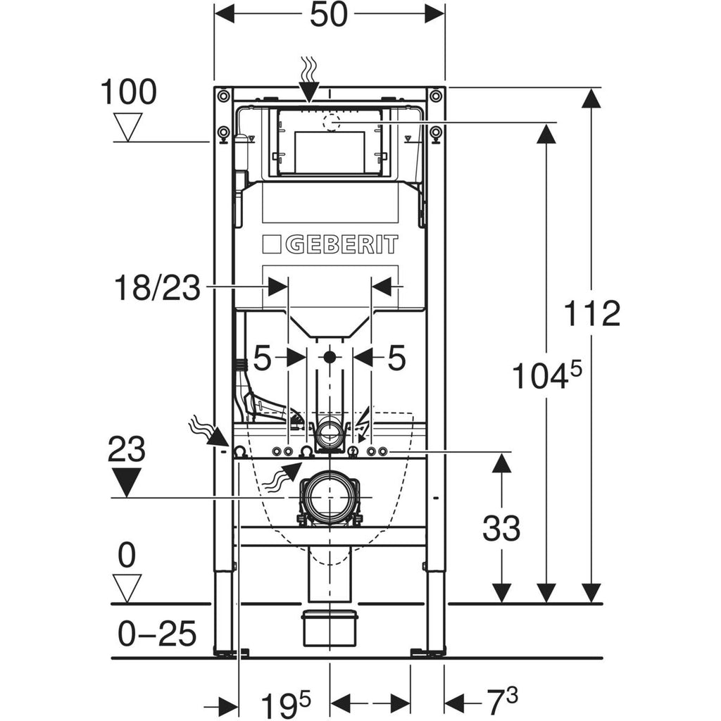 Geberit Duofix element for wall-hung WC, 112 cm, with Sigma concealed cistern 12 cm — Duofix element for wall-hung WC, 112 cm, with Sigma concealed cistern 12 cm — Technical drawing