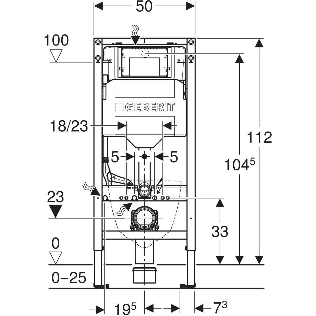 Geberit Duofix element for wall-hung WC, 112 cm, with Sigma concealed cistern 12 cm — Duofix element for wall-hung WC, 112 cm, with Sigma concealed cistern 12 cm — Technical drawing